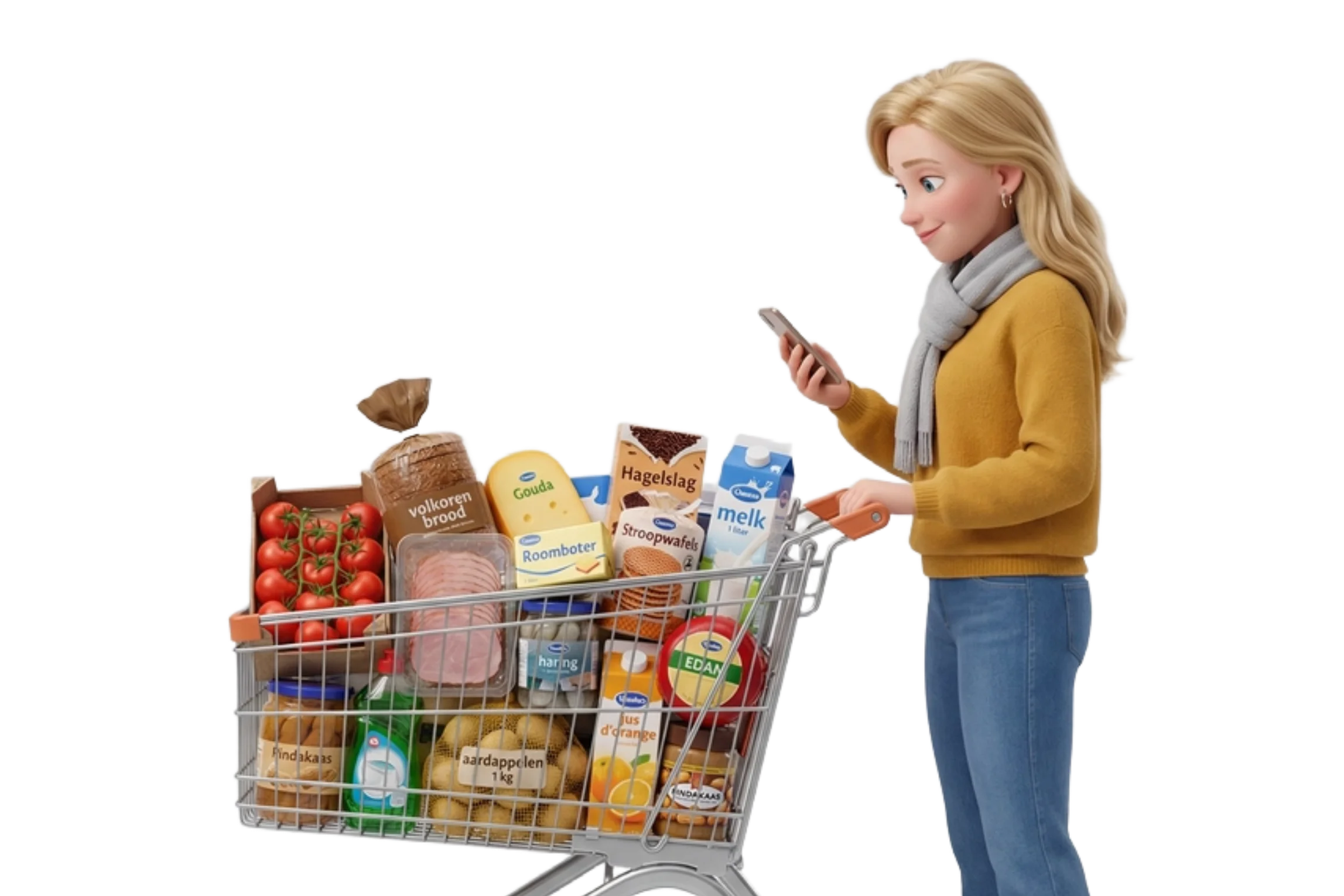 Vrouw gebruikt de SpesaZen app in de supermarktkar